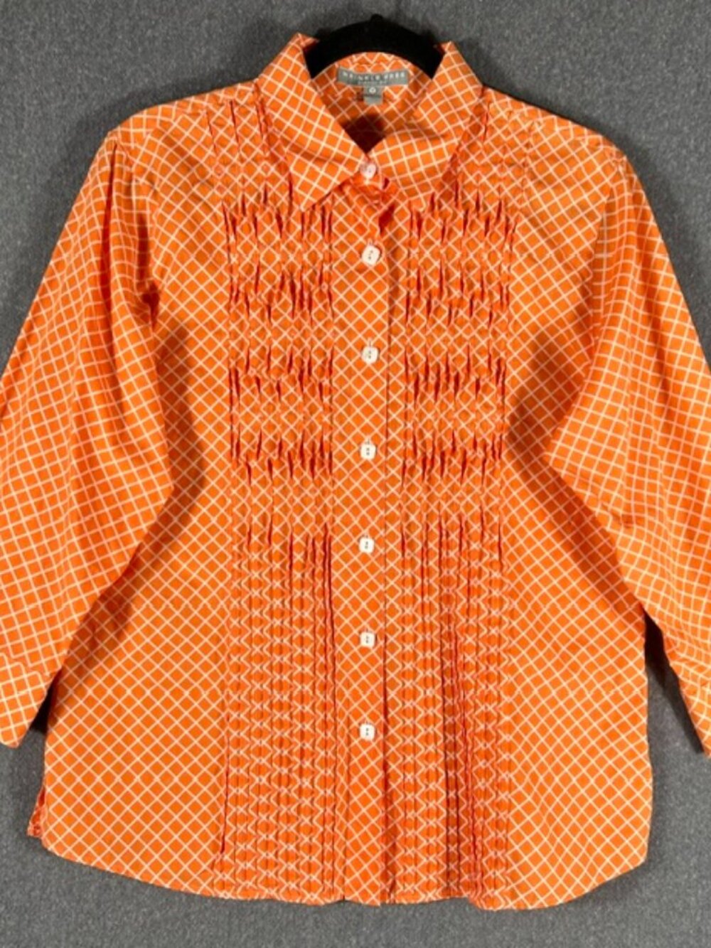 Foxcroft Wrinkle Free Button Down Womens Sz 12 Orange Shape Fit 3/4 Sleeve Pleat